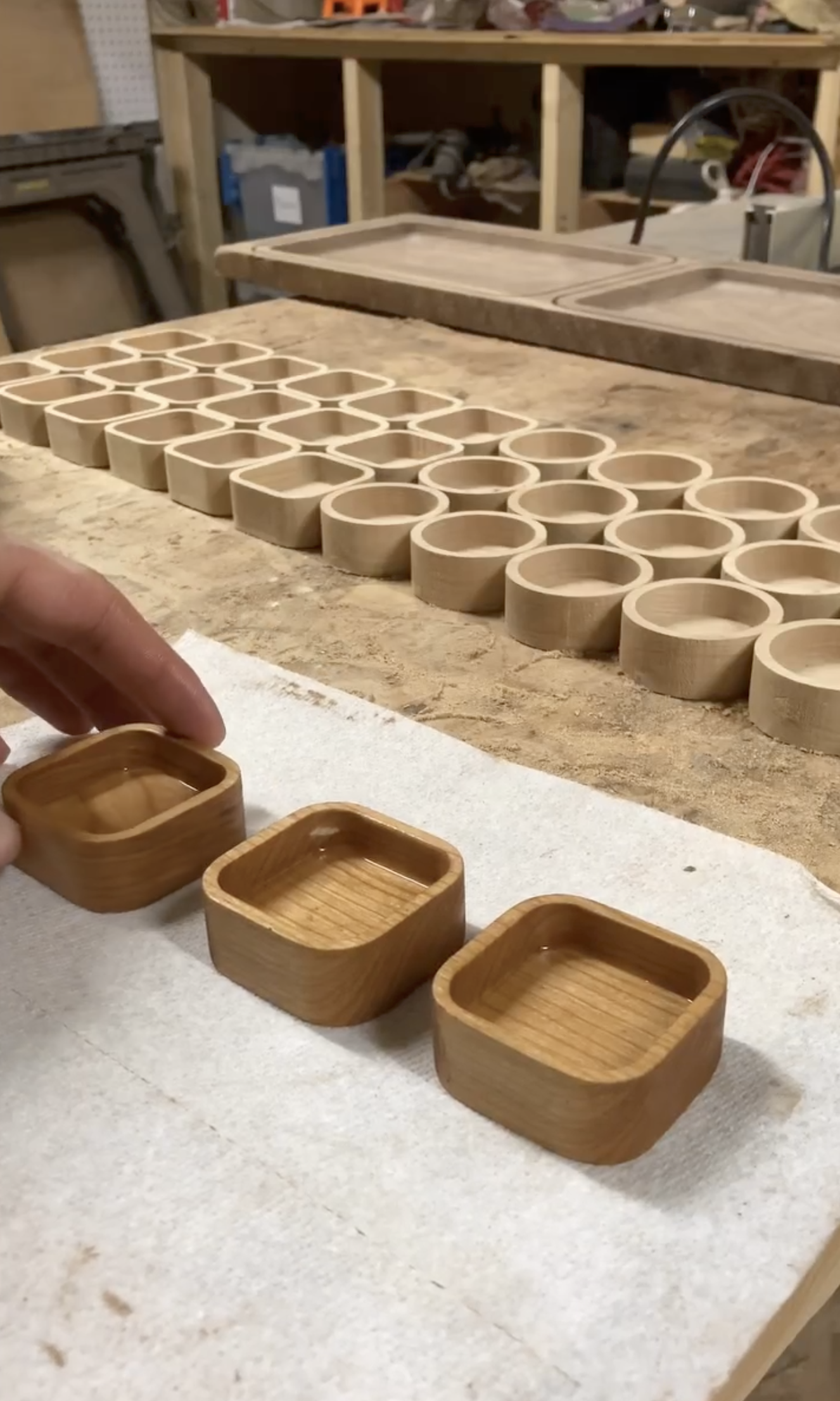 Finished wood trays in the original Timber Box Design workshop.