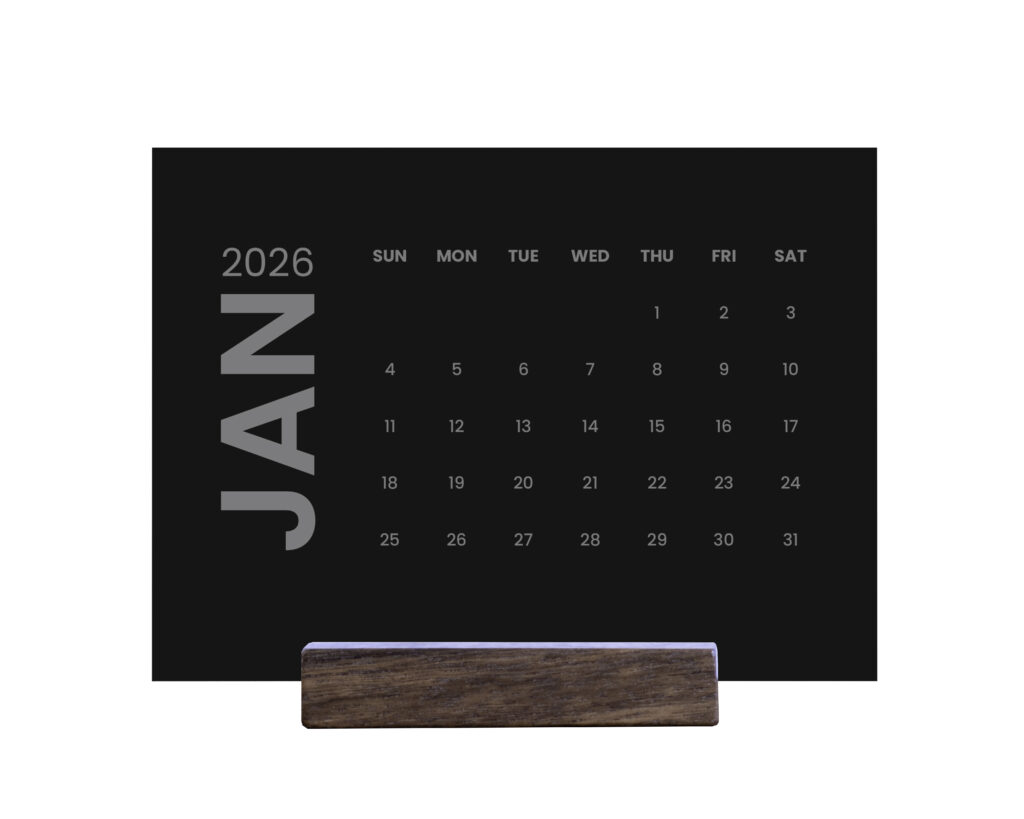 2026 Desk Calendar – Modern Minimalist Black – Timber Box Design